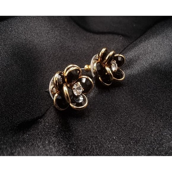 Vintage 1990s Swarovski Black & Gold Flower Crystal Stud Earrings - Picture 1 of 6